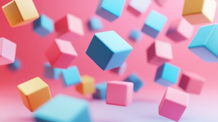 Obraz premium Abstract 3D Rendering of Falling Pastel Cubes on a Pink Background