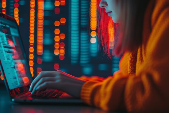 Young Woman Accessing Online Receipts on Laptop with Colorful Lights