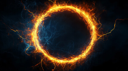 Electric circle or plasma round, realistic vector illustration. Abstractt round lightning frame with burning rays or powerful electric discharges isolated on black. Magical energy design element