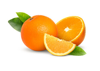 Fresh juicy oranges and green leaves isolated on white. Citrus fruit