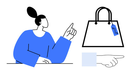 Woman points towards shopping bag with price tag. Hand directs attention. Ideal for retail, decision-making, consumer choices, shopping guidance, product selection, e-commerce marketing. Abstract