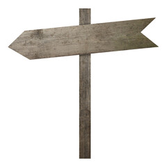 Wooden signpost with arrow-shaped pointer isolated on white
