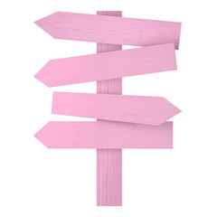 Pink wooden signpost with arrow-shaped pointers isolated on white