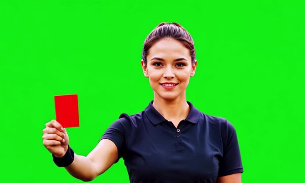 a beautiful female soccer referee showing red card on green screen