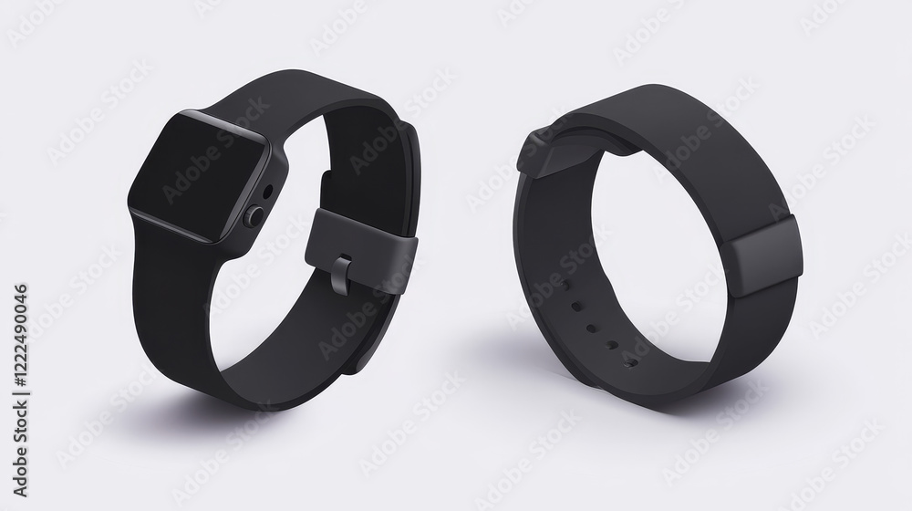 Poster smartwatch with blank screen and black wrist band front and side angle view. realistic 3d vector set