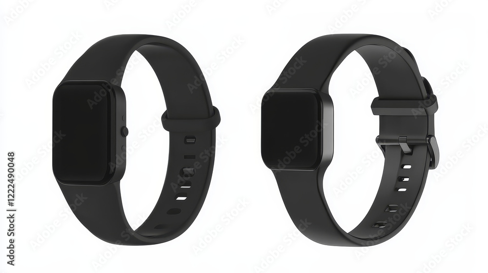 Poster smartwatch with blank screen and black wrist band front and side angle view. realistic 3d vector set