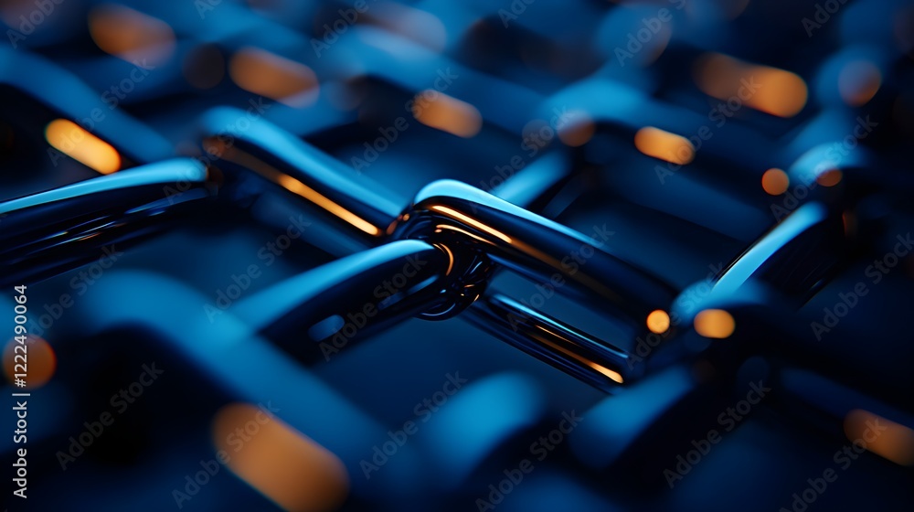 Poster close-up view of interconnected metal links in a dark background