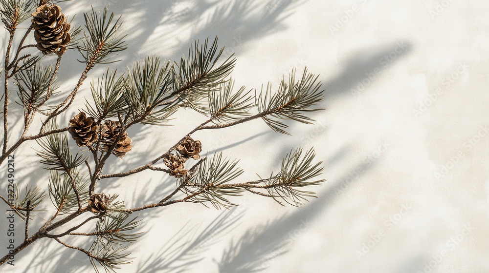 Poster pine branch with cones on textured white background and soft shadow play.