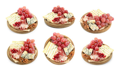 Different types of cut cheese and other snacks isolated on white, collage