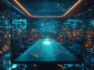 Futuristic Boardroom with Holographic Data Network Merger Concept