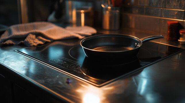 Electric stove on kitchen counter top view. Vector induction cooking panel, black ceramic cooktop on empty steel table with rag. Isolated metal countertop with electrical plate realistic 3d border