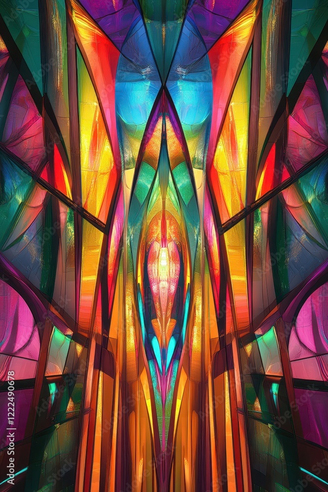 Poster abstract stained glass window with symmetrical geometric patterns and vibrant multicolor light effec