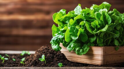 Natural fertilizer gardening idea. Fresh green lettuce harvested from soil, showcasing vibrant leaves in a wooden crate.