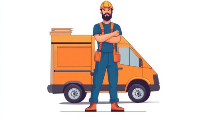 Confident male contractor in work overalls standing with arms crossed beside his orange van, ready for work.