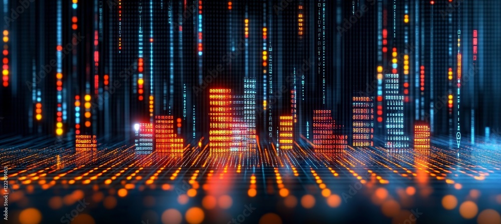 Poster abstract technology background with luminous bar code cityscape glowing against dark backdrop