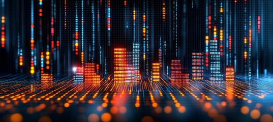 Abstract Technology Background With Luminous Bar Code Cityscape Glowing Against Dark Backdrop