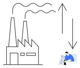 Factory emitting smoke, individual sorting recycling, upward arrow indicating rise, downward arrow indicating fall. Ideal for environmental impact, sustainability, industry pollution, personal