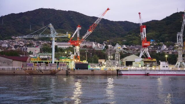 Kure Shipyard in Hiroshima Prefecture Japan, Evening Establishing Shot