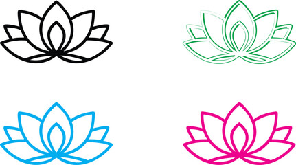 Minimalist lotus flower icons, simple line art, geometric design, black green blue pink color palette, symmetrical shapes, zen symbols, clean outlines, abstract floral motifs, graphic design elements,