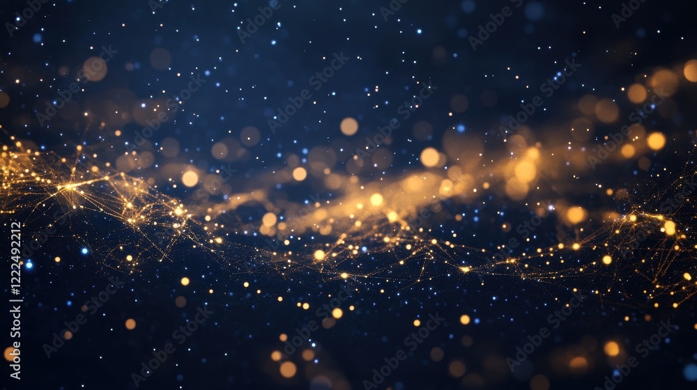 Poster abstract golden network of particles with bokeh effects on dark blue background.