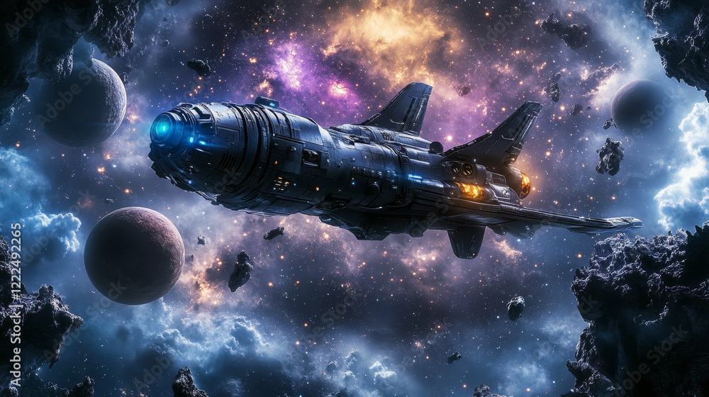 Poster space game level background with platforms and flying spaceship. vector cartoon illustration of cosm