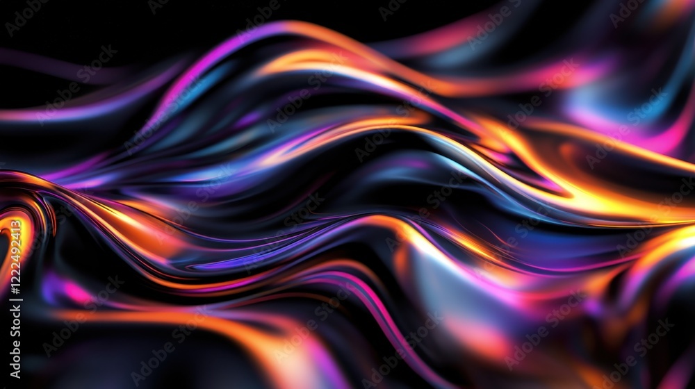 Poster abstract 3d fluid art background with iridescent waves and dynamic color gradients.