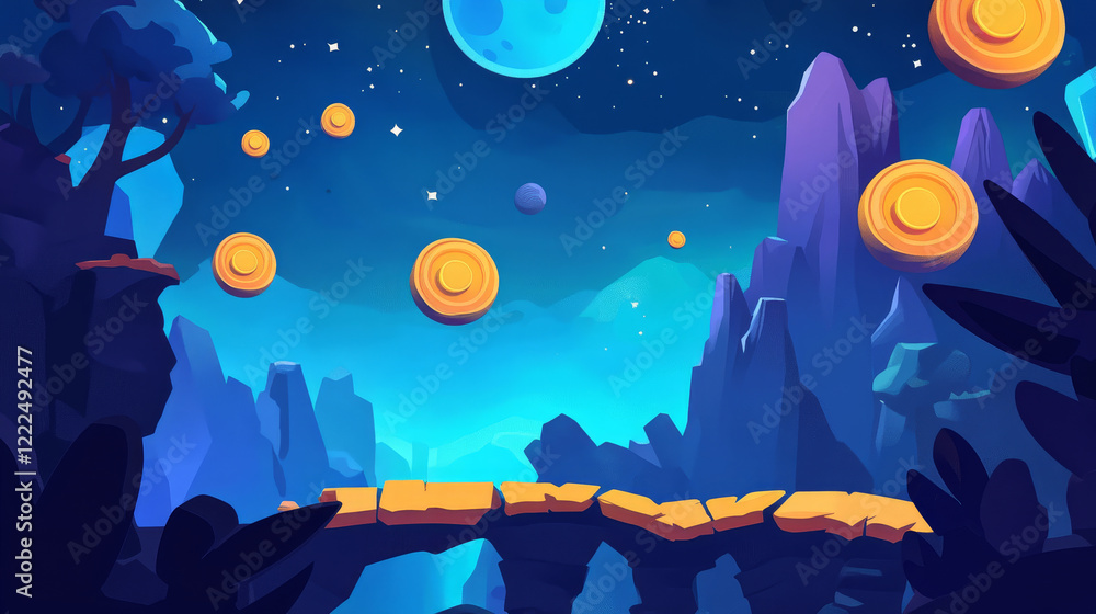 Poster space game level background with platforms and flying spaceship. vector cartoon illustration of cosm
