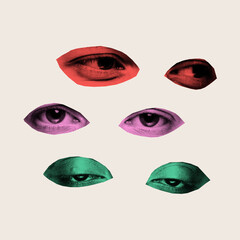 Modern artwork. Multiple eyes in red, pink, and green, staring in different directions,...