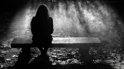 Obraz premium Solitary Figure on Cracked Bench Under Dim Streetlight Heavy Shadow Conveying Sorrow and Disheartened Emotions