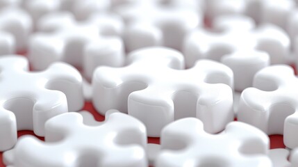 Obraz premium White puzzle pieces arranged closely together on a vibrant red surface in a clean studio setting.