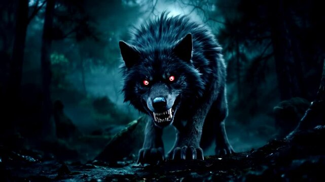 A terrible wolf in the fog bares its fangs viciously. Creepy video clip for Halloween.