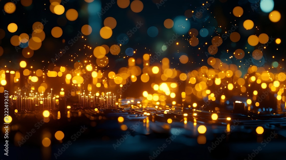 Poster glowing particles and soft lights on dark background for technology