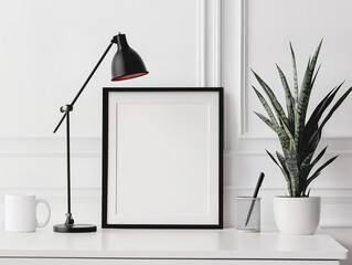 A modern black frame in a matte white finish, displayed on an office desk.