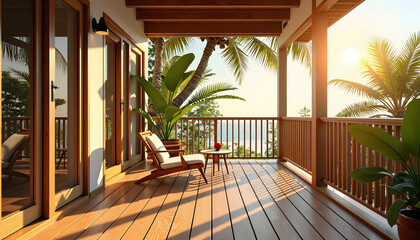 Fototapeta premium Tropical balcony with sunset view for travel blogs and vacation rental promotions