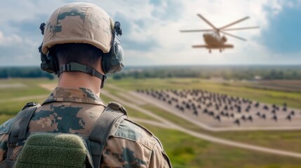 Soldier Observing Helicopter Operations in Military Training Environment