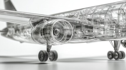 Detailed Wireframe Render of Commercial Airplane Engine and Landing Gear on White Background.