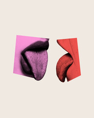Contemporary art collage. Two tongues in pink and red extending toward each other, symbolizing absurd and exaggerated attempts at connection. Concept of absurd and communication.