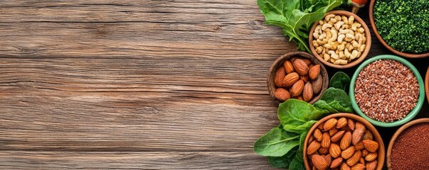 Wellness foods concept. A vibrant display of spices, nuts, and herbs arranged on a rustic wooden background.