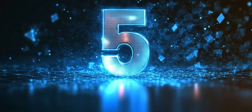 Futuristic Glowing 3D Number 5 on an Abstract Digital Background with a Reflective Surface