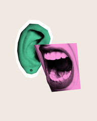 Conceptual art design. Green ear paired with pink mouth wide open, portraying imbalance in...