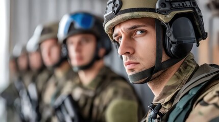 Soldiers in Uniform Preparing for Tactical Mission with Equipment