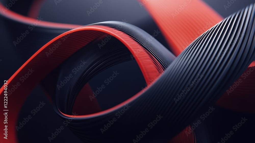 Poster abstract 3d rendered ribbons with red and black colors in a swirling pattern.