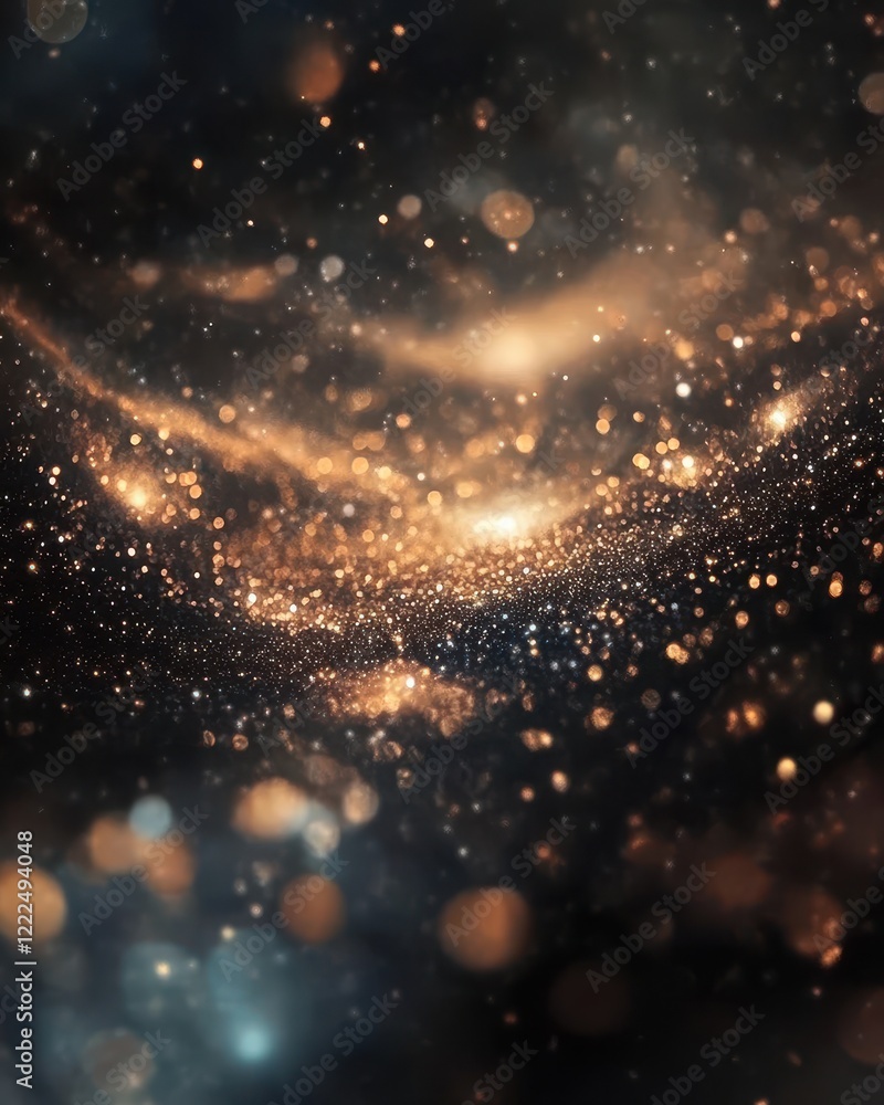 Poster ethereal golden particle swirls on dark background, abstract festive bokeh effect.