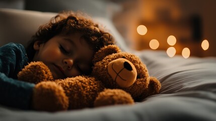 Child sleepy embrace with teddy bear cozy bedroom warm atmosphere close-up concept of sleep