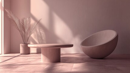 Mocha Mousse contemporary minimalist living room with table and chair in a 3D render