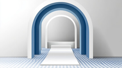 Gate entrance to exhibition stand isolated on transparent background. Vector realistic mockup of blank white and blue arch for expo event, advertising booth. Interior equipment for presentation