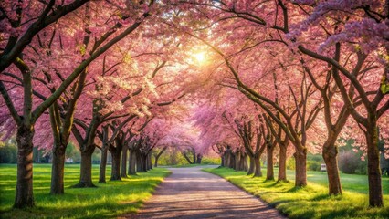 Fototapeta premium A Serene Path Underneath a Canopy of Delicate Pink Blossoms, Bathed in the Warm Golden Light of the Setting Sun, Creating a Dreamlike Spring Scene