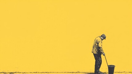 Man cleaning with mop and bucket against yellow wall.