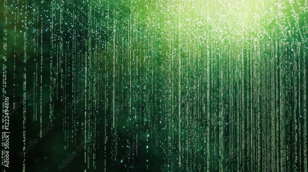 Poster abstract green digital rain data stream, code matrix falling with glowing particles, futuristic tech
