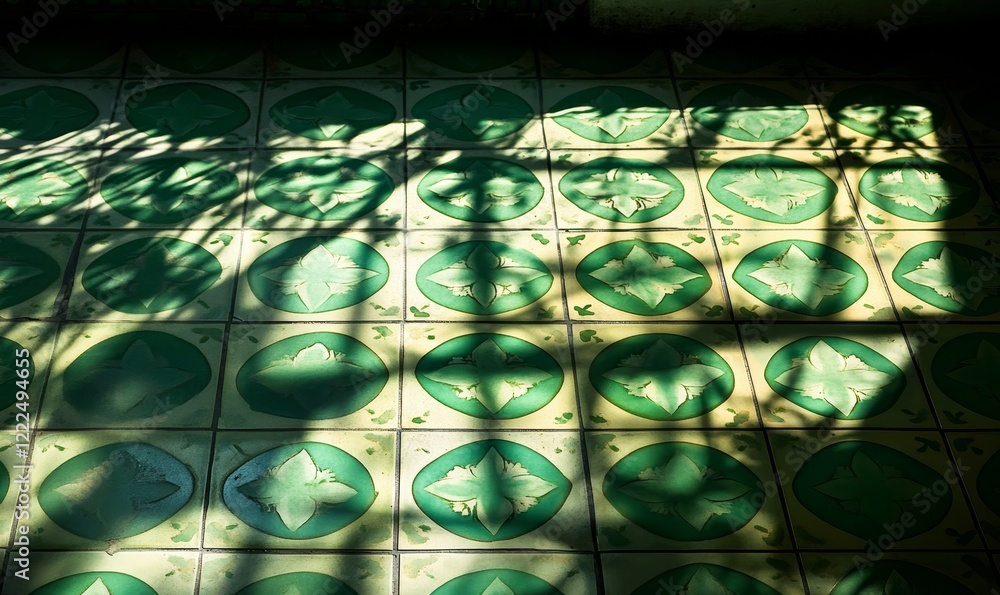 Poster abstract green light shadow patterns on tiled floor: intricate geometric design and creative shadow 